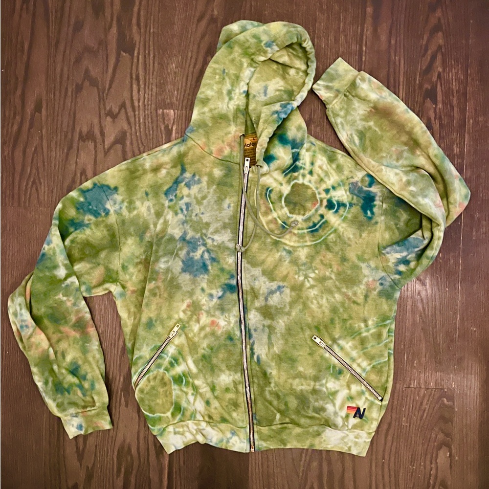 Aviator Nation HAND DYED Zip Up HOODIE RELAXED - TIE DYE GREEN YELLOW Large